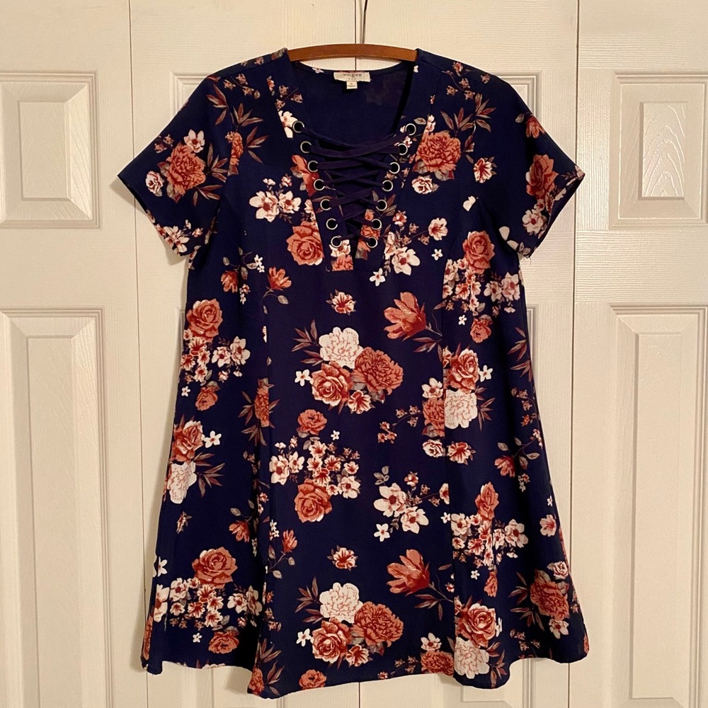 Umgee Navy Floral Mini dress w/ Lace Front Detail